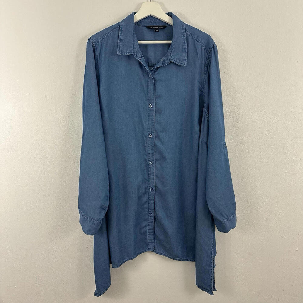 2/$20 Zac & Rachel Blue Button Up Blouse Tunic With Roll Sleeves Women's Size 2X